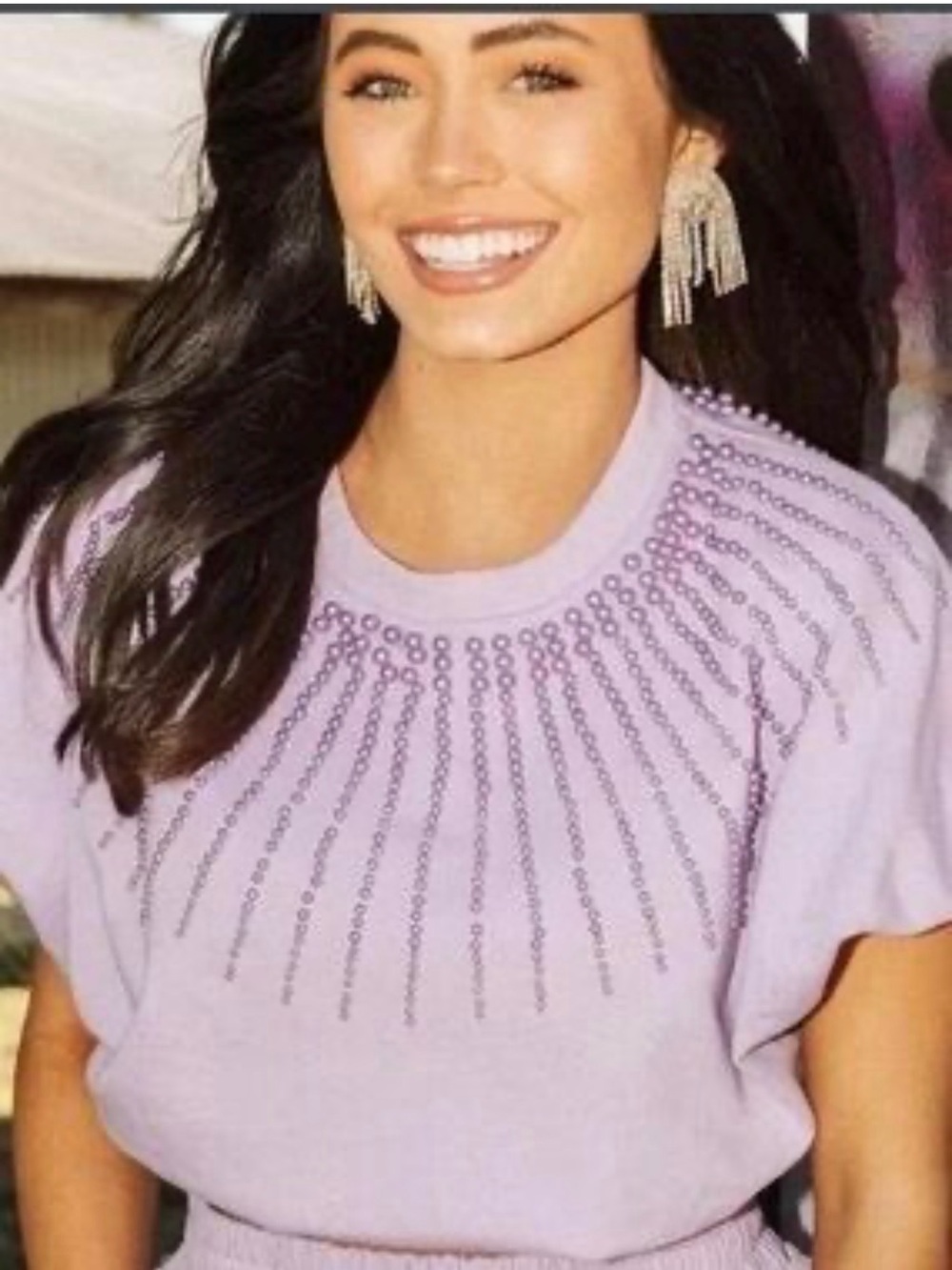 QUEEN OF SPARKLES Lavender Beaded Short Sleeve Knit Top
